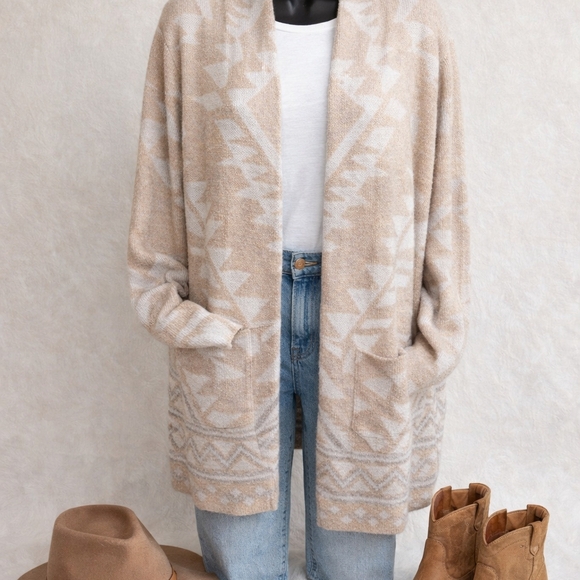 Frye Sweaters - Frye Aztec Cardigan Sweater XL Beige Boho Open Front Tribal Southwestern Cozy